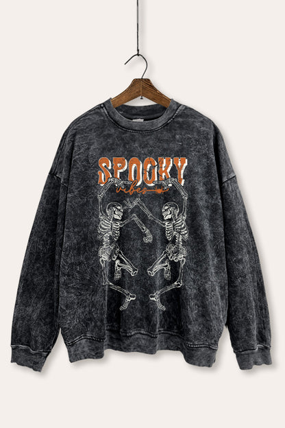 Spooky Dancing Skeletons Graphic Mineral Wash Sweatshirt