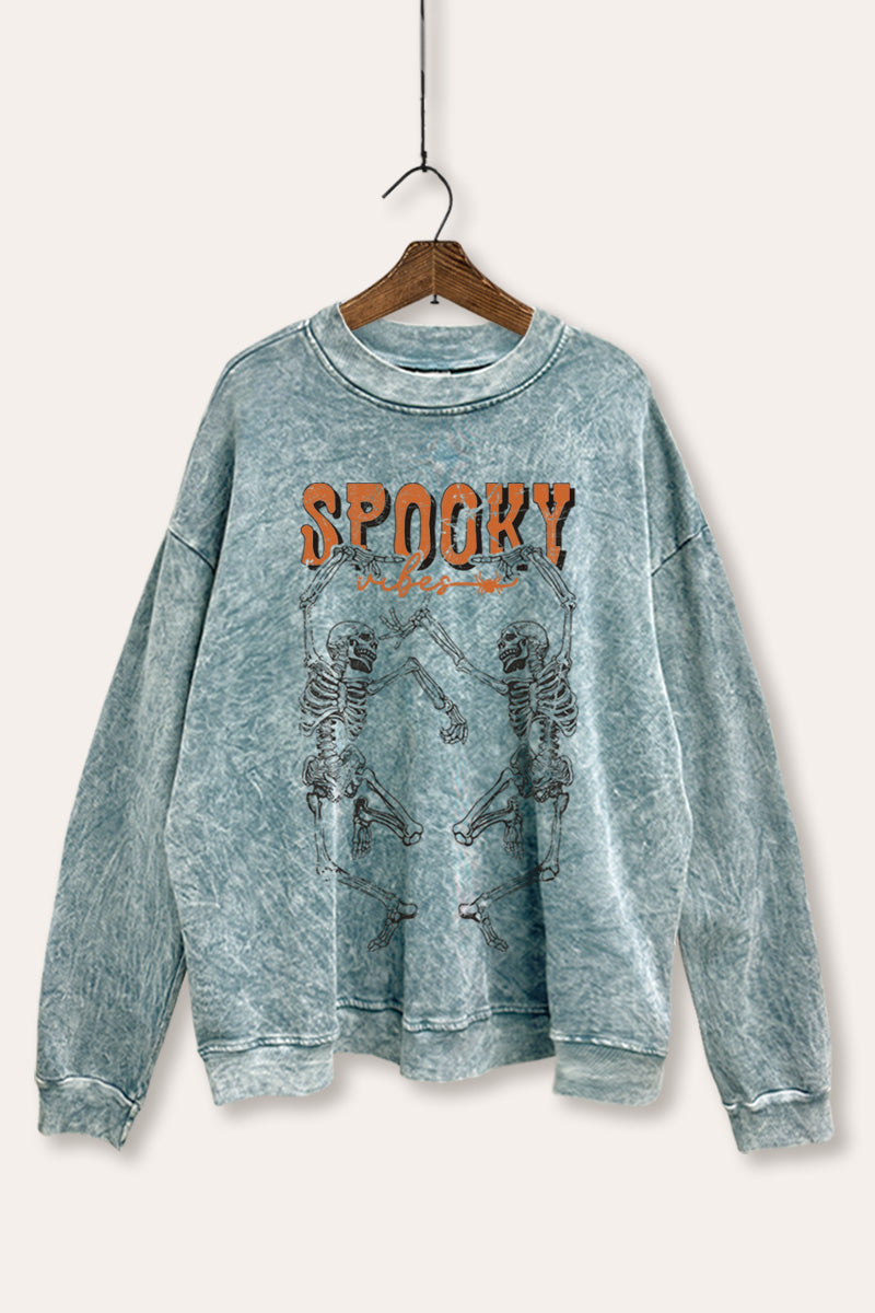 Spooky Dancing Skeletons Graphic Mineral Wash Sweatshirt