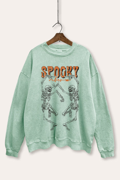 Spooky Dancing Skeletons Graphic Mineral Wash Sweatshirt