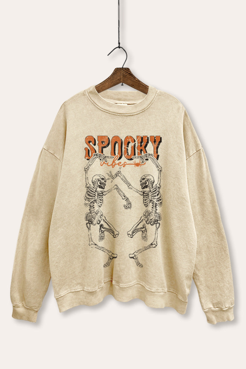 Spooky Dancing Skeletons Graphic Mineral Wash Sweatshirt