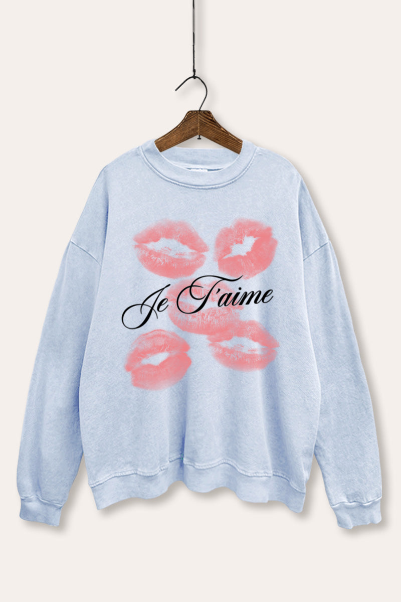 Je T'aime Kiss Lips Graphic Mineral Wash Sweatshirt