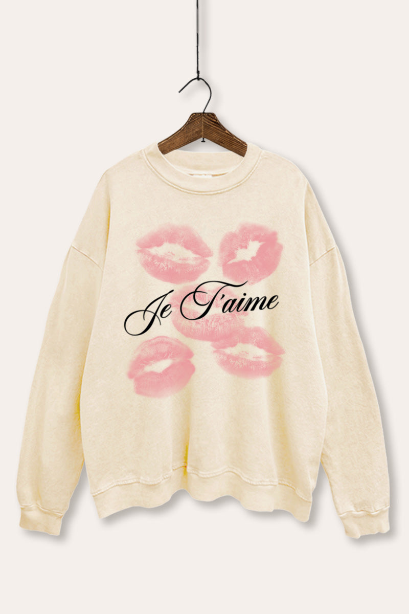 Je T'aime Kiss Lips Graphic Mineral Wash Sweatshirt