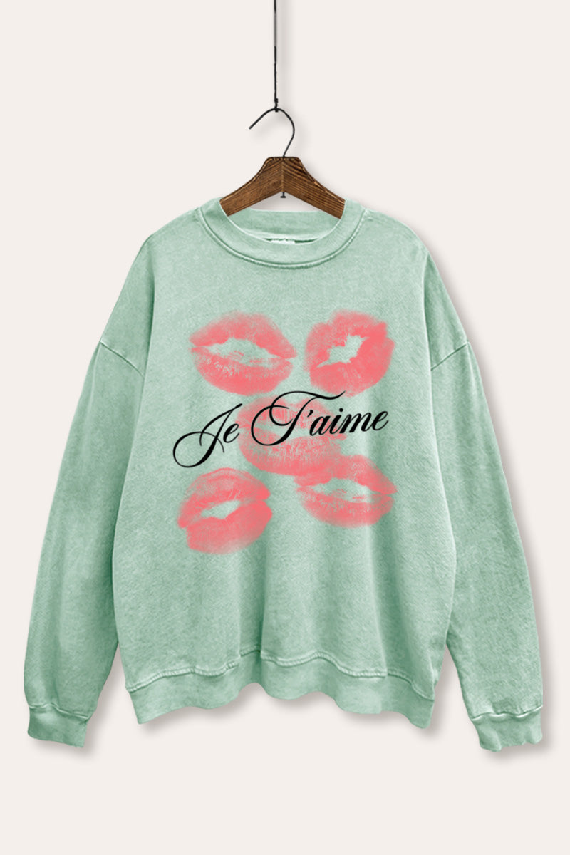 Je T'aime Kiss Lips Graphic Mineral Wash Sweatshirt