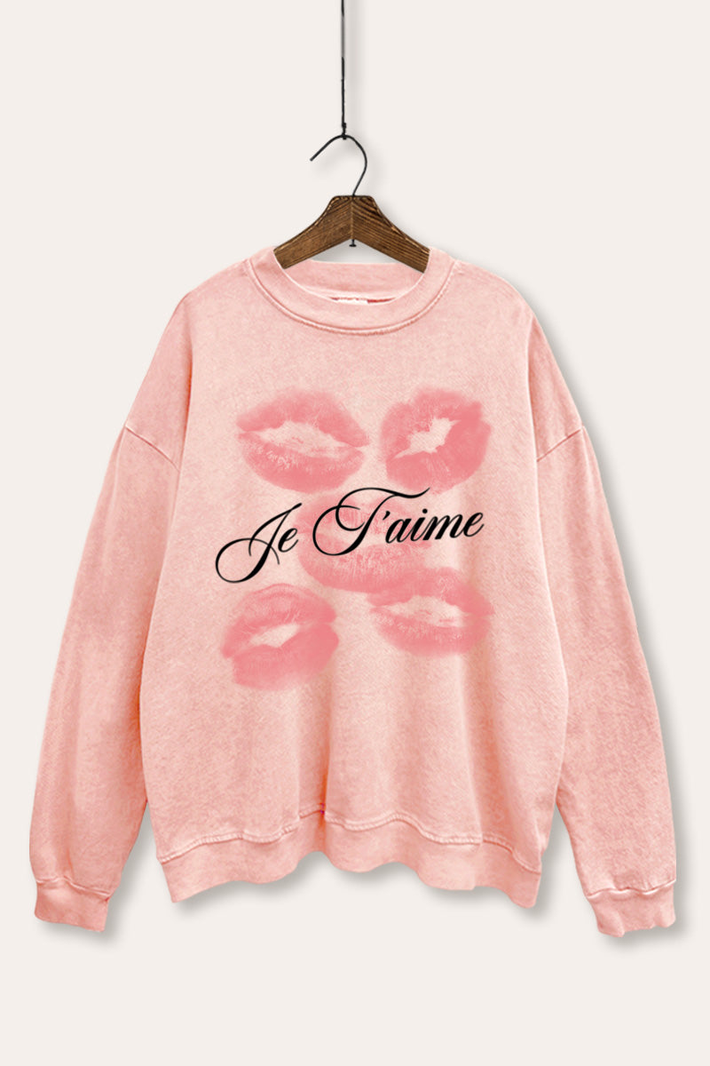 Je T'aime Kiss Lips Graphic Mineral Wash Sweatshirt