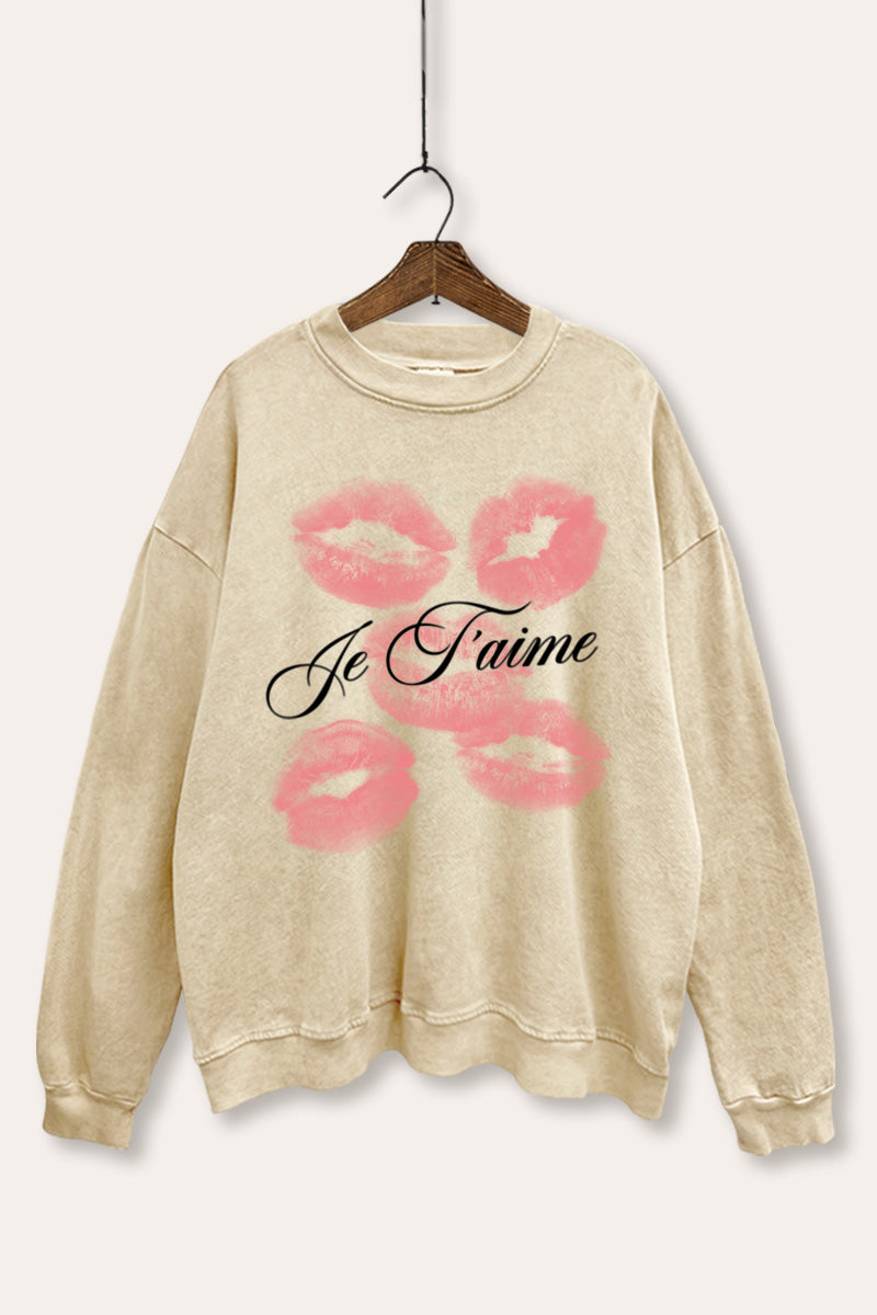 Je T'aime Kiss Lips Graphic Mineral Wash Sweatshirt