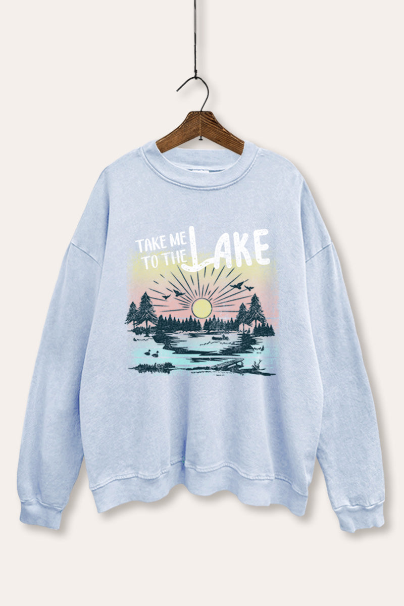 "take me to the lake" mineral wash graphic sweatshirt