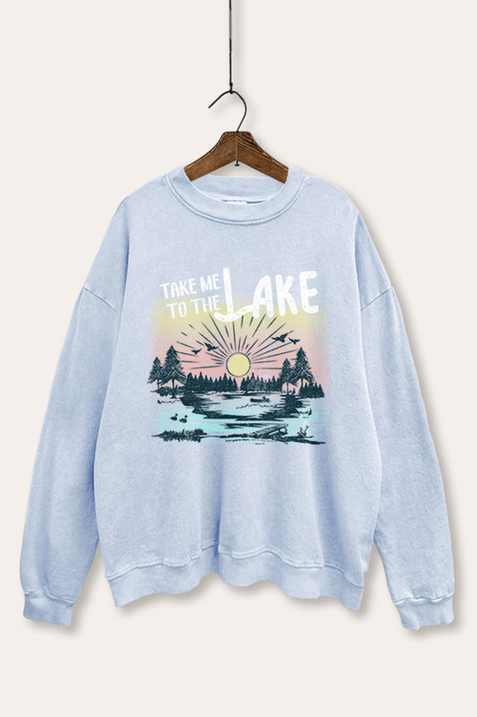 "take me to the lake" mineral wash graphic sweatshirt