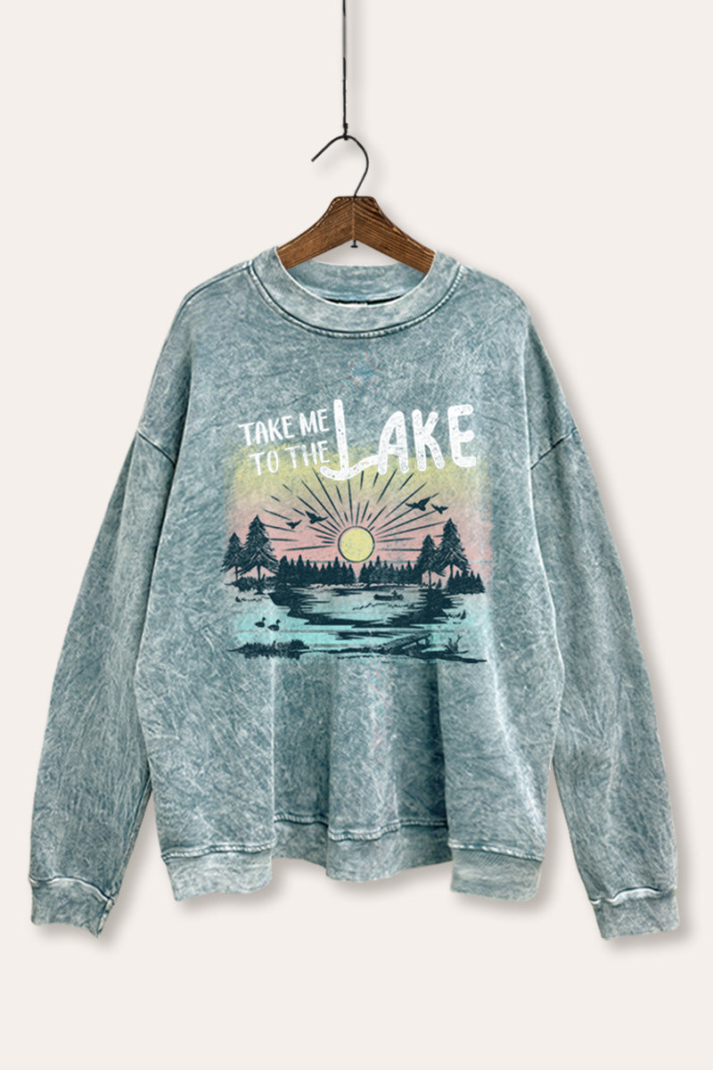 "take me to the lake" mineral wash graphic sweatshirt