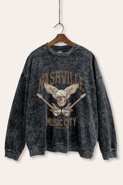 Nashville Music City Skull Graphic Mineral Wash Sweatshirt