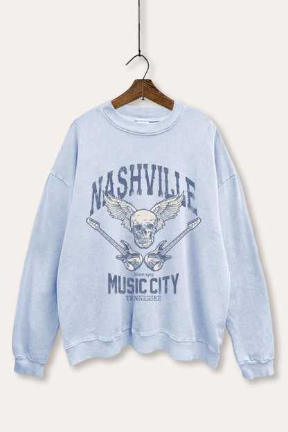Nashville Music City Skull Graphic Mineral Wash Sweatshirt