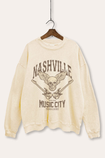 Nashville Music City Skull Graphic Mineral Wash Sweatshirt