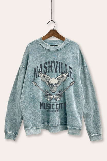 Nashville Music City Skull Graphic Mineral Wash Sweatshirt
