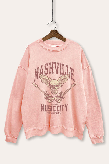 Nashville Music City Skull Graphic Mineral Wash Sweatshirt