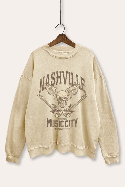 Nashville Music City Skull Graphic Mineral Wash Sweatshirt
