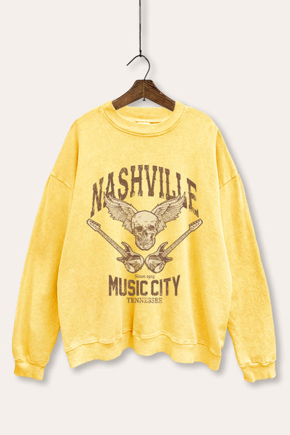 Nashville Music City Skull Graphic Mineral Wash Sweatshirt