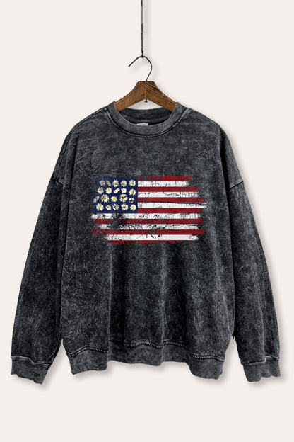 Distressed Floral USA Flag Graphic Mineral Wash Sweatshirt