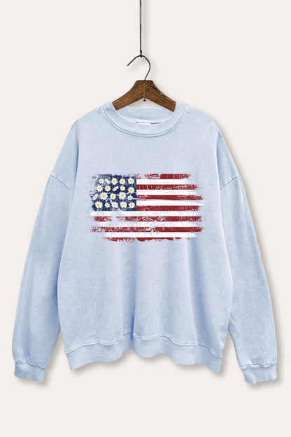 Distressed Floral USA Flag Graphic Mineral Wash Sweatshirt