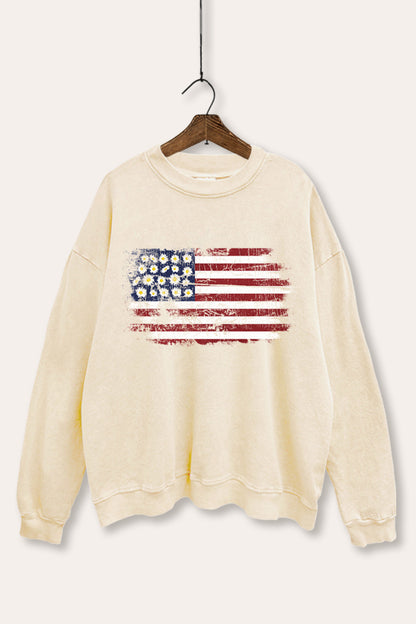 Distressed Floral USA Flag Graphic Mineral Wash Sweatshirt
