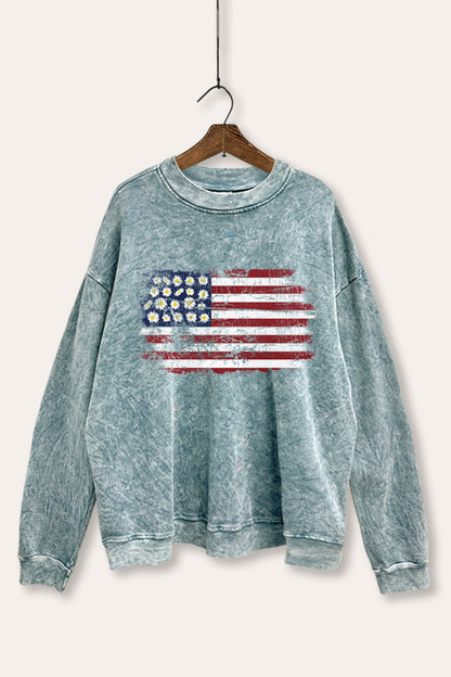 Distressed Floral USA Flag Graphic Mineral Wash Sweatshirt