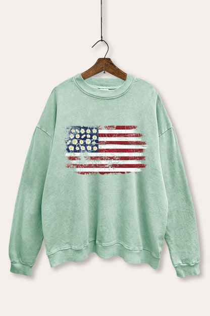 Distressed Floral USA Flag Graphic Mineral Wash Sweatshirt