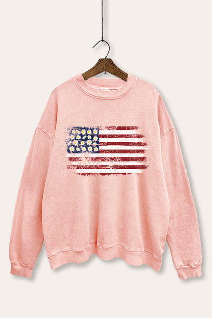 Distressed Floral USA Flag Graphic Mineral Wash Sweatshirt