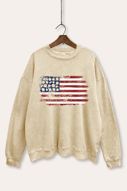 Distressed Floral USA Flag Graphic Mineral Wash Sweatshirt