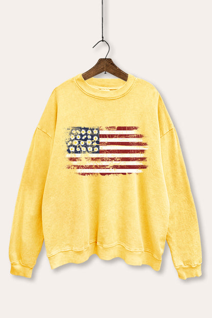 Distressed Floral USA Flag Graphic Mineral Wash Sweatshirt