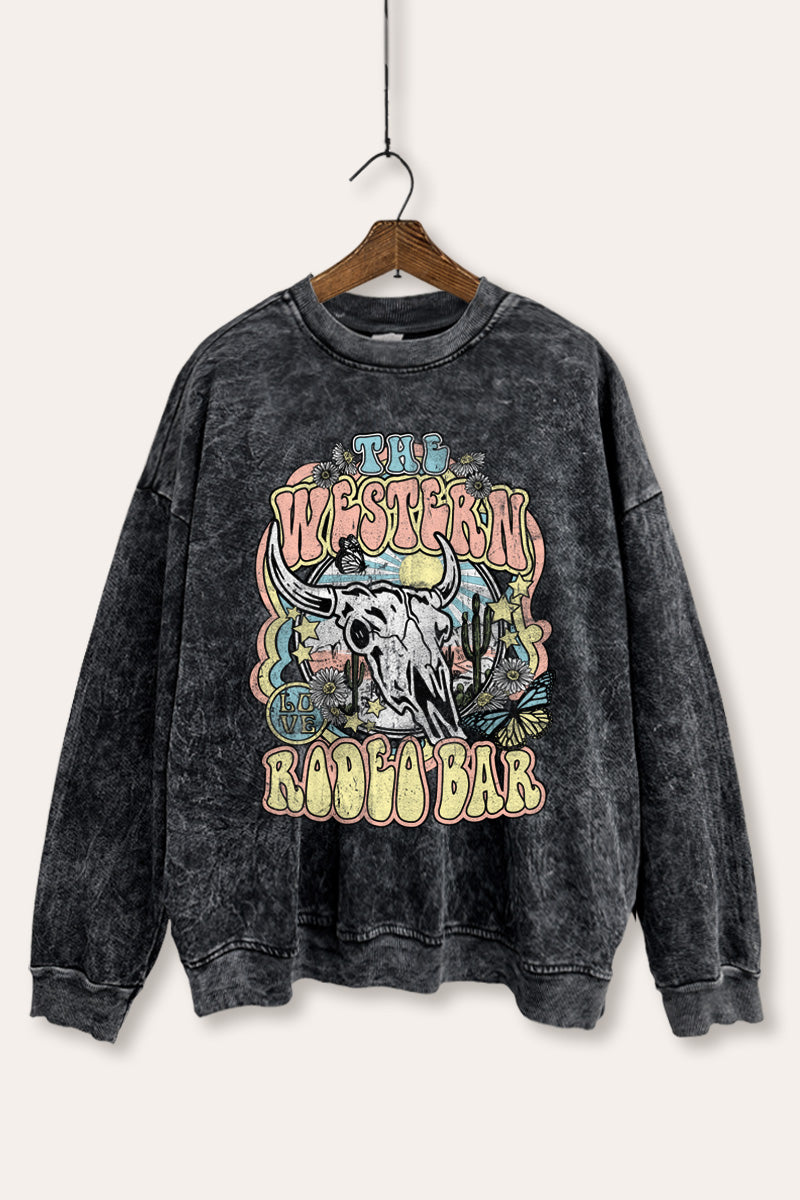 Western Rodeo Bar Retro Graphic Mineral Wash Sweatshirt