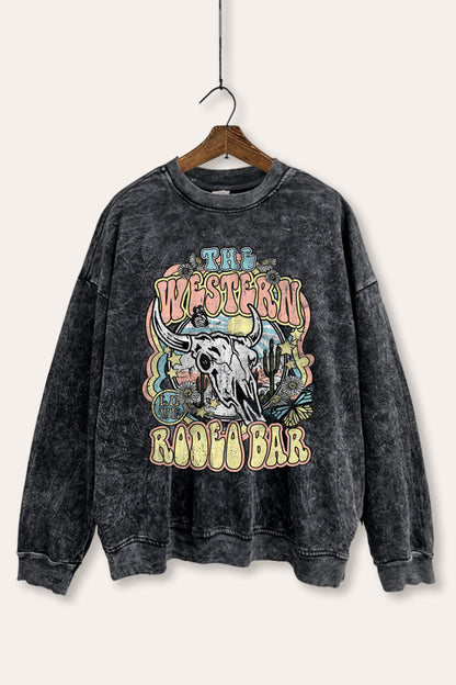 Western Rodeo Bar Retro Graphic Mineral Wash Sweatshirt