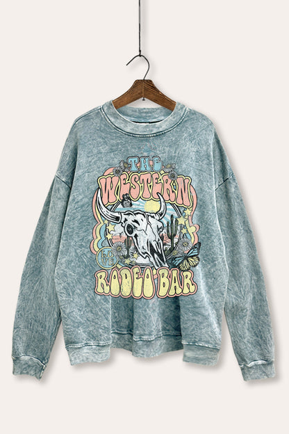 Western Rodeo Bar Retro Graphic Mineral Wash Sweatshirt