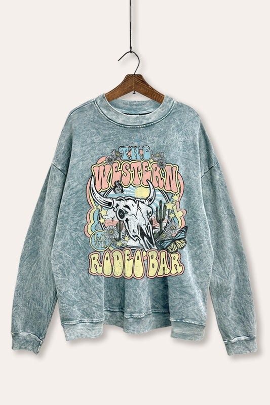 Western Rodeo Bar Retro Graphic Mineral Wash Sweatshirt