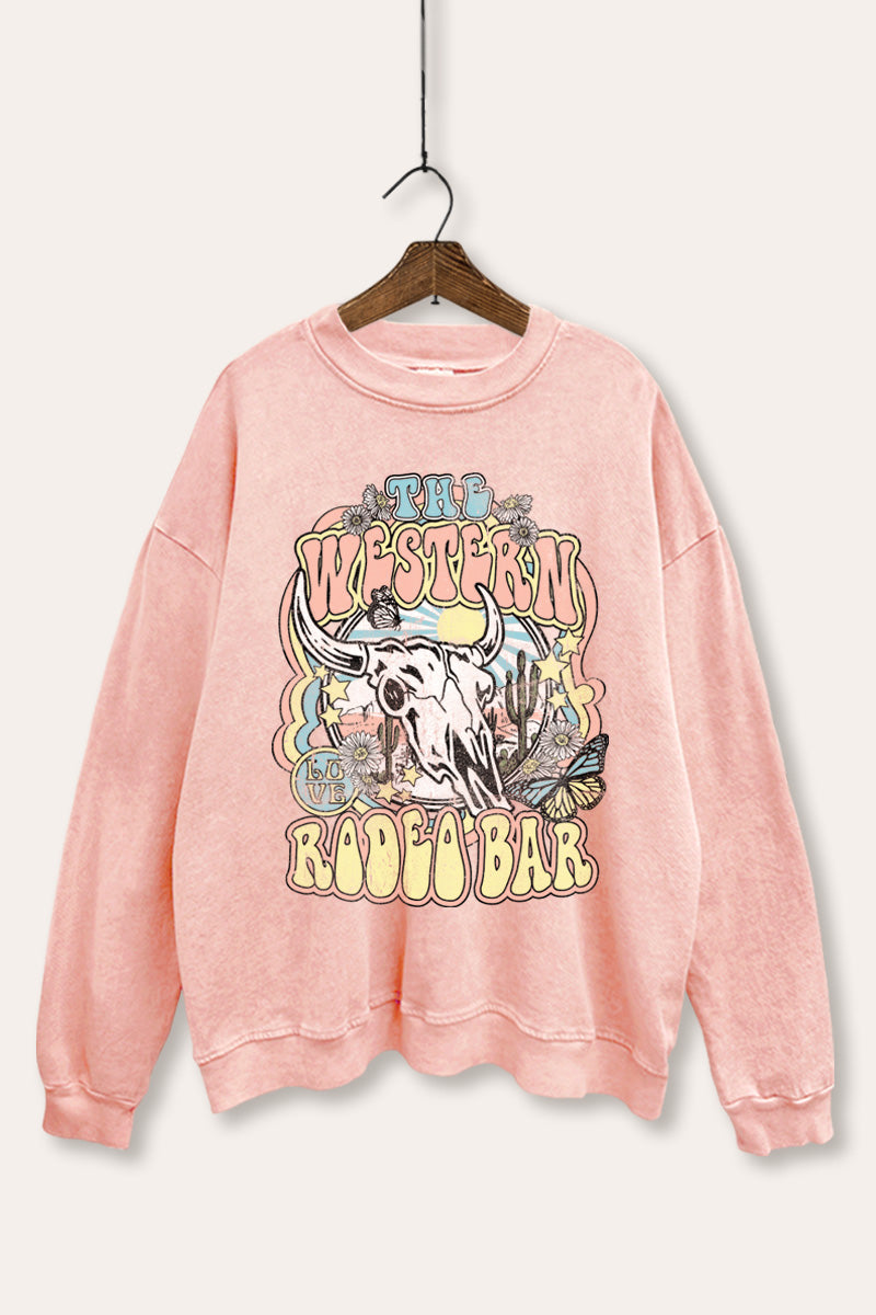 Western Rodeo Bar Retro Graphic Mineral Wash Sweatshirt