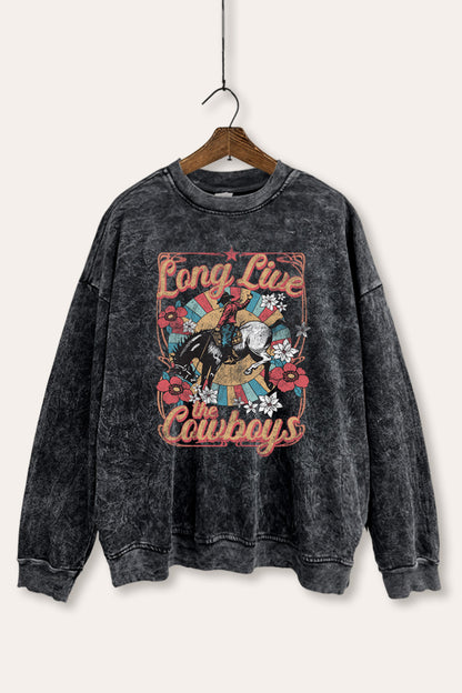 Long Live Cowboys Retro Graphic Mineral Wash Sweatshirt