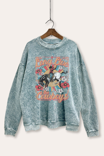 Long Live Cowboys Retro Graphic Mineral Wash Sweatshirt