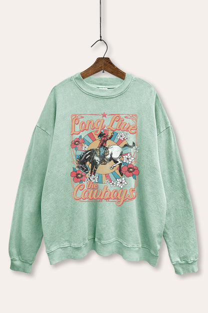 Long Live Cowboys Retro Graphic Mineral Wash Sweatshirt