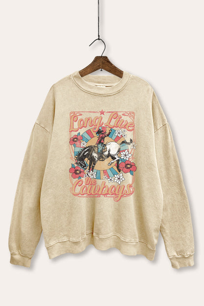 Long Live Cowboys Retro Graphic Mineral Wash Sweatshirt
