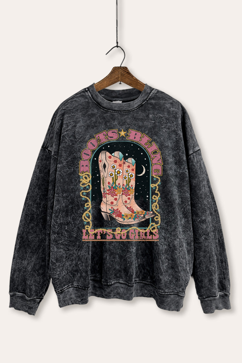 "let's go girls" retro cowboy boots mineral wash graphic sweatshirt