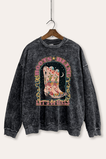 Cowgirl Boots Bling Stars Graphic Mineral Wash Sweatshirt