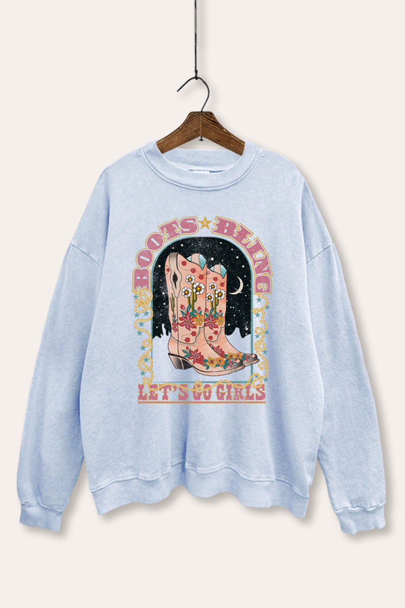 "let's go girls" retro cowboy boots mineral wash graphic sweatshirt