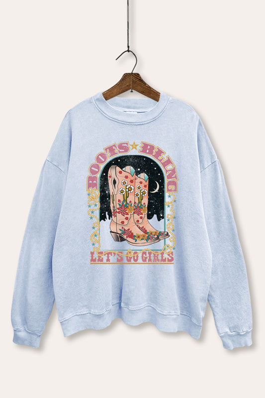"let's go girls" retro cowboy boots mineral wash graphic sweatshirt