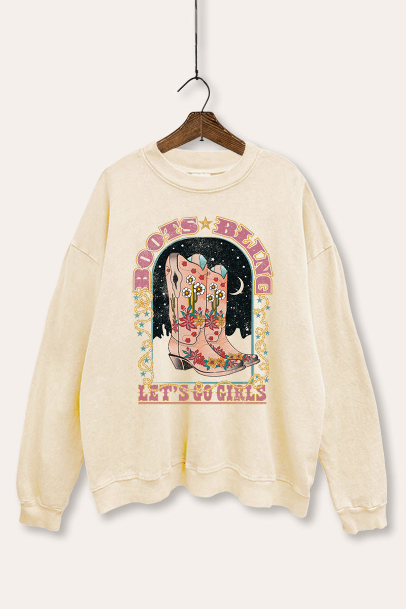"let's go girls" retro cowboy boots mineral wash graphic sweatshirt
