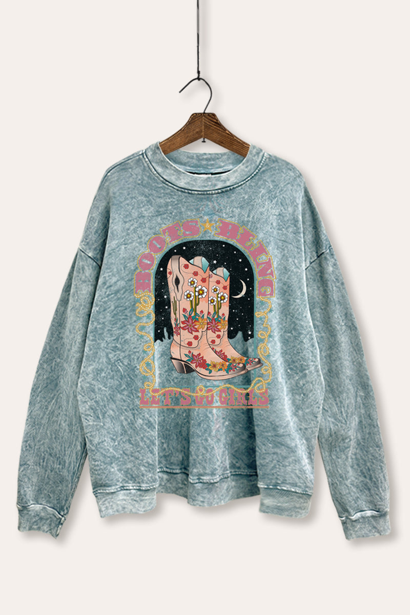 "let's go girls" retro cowboy boots mineral wash graphic sweatshirt