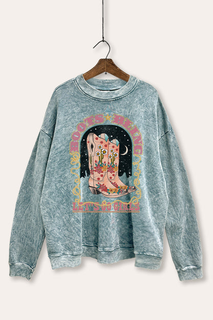 Cowgirl Boots Bling Stars Graphic Mineral Wash Sweatshirt
