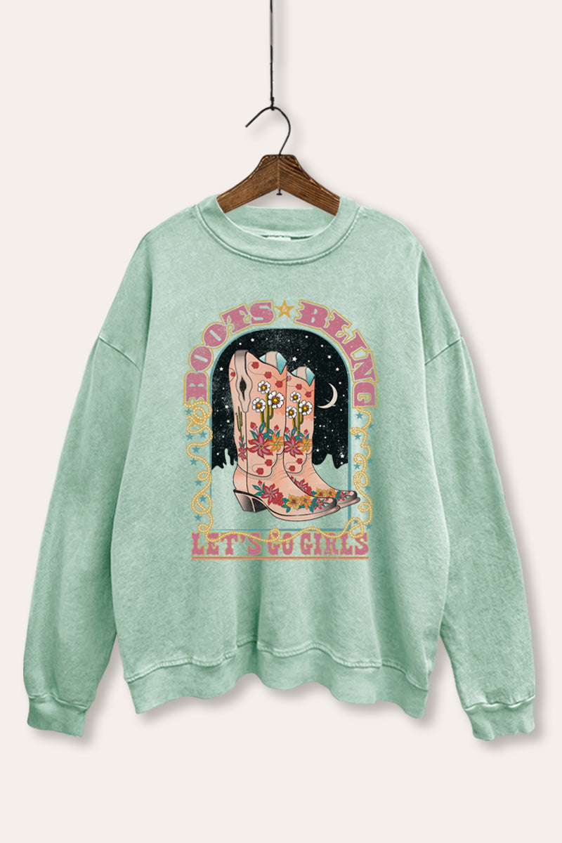 "let's go girls" retro cowboy boots mineral wash graphic sweatshirt
