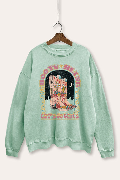 Cowgirl Boots Bling Stars Graphic Mineral Wash Sweatshirt