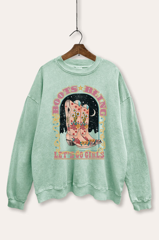 "let's go girls" retro cowboy boots mineral wash graphic sweatshirt