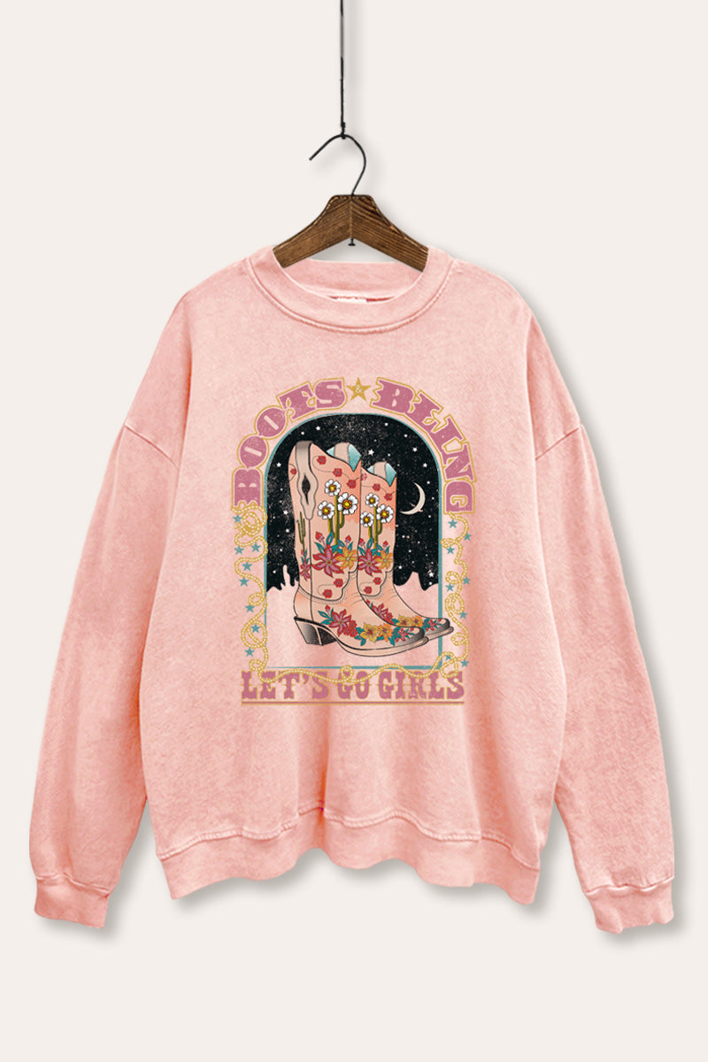 "let's go girls" retro cowboy boots mineral wash graphic sweatshirt