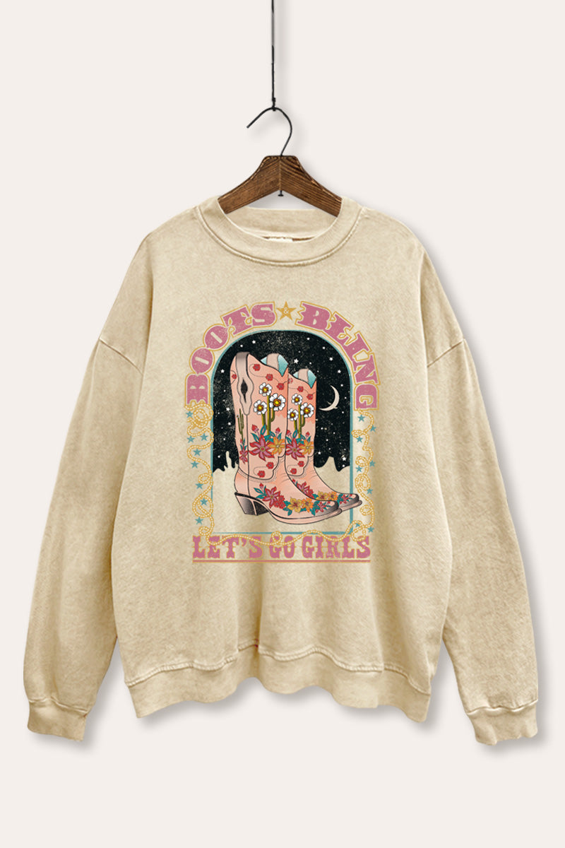 "let's go girls" retro cowboy boots mineral wash graphic sweatshirt