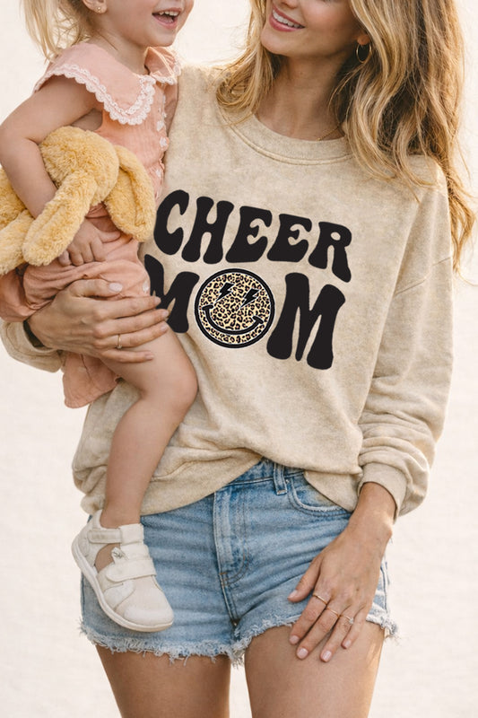 Cheer Mom Smiley Face Graphic Mineral Wash Sweatshirt