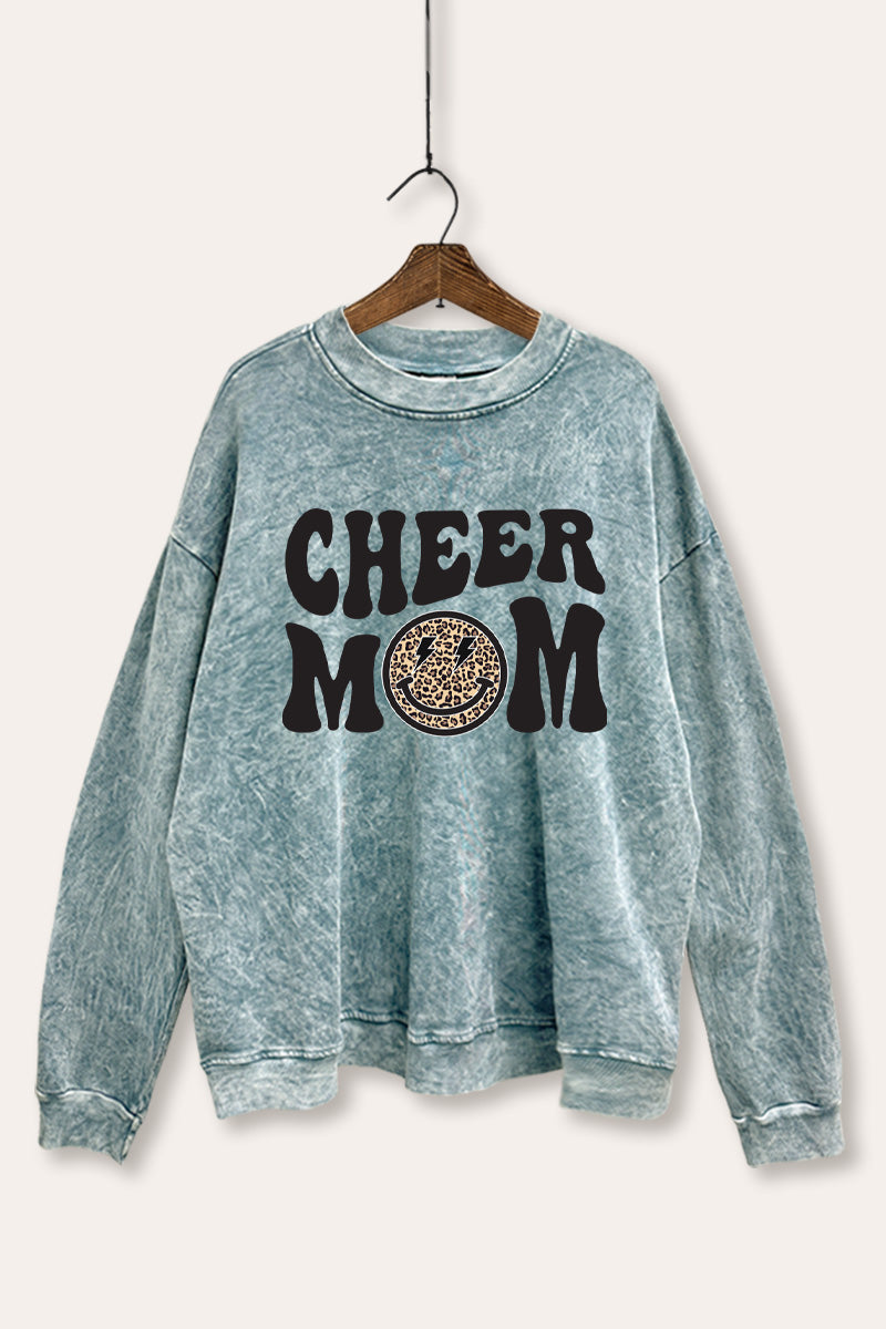 Cheer Mom Smiley Face Graphic Mineral Wash Sweatshirt
